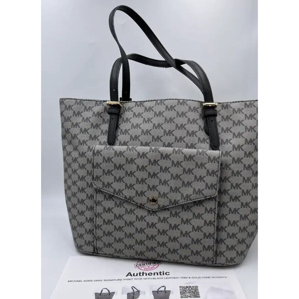 Authenticated Michael‎ kors Gray Black Signature Logo Leather Trim Tech Tote Bag